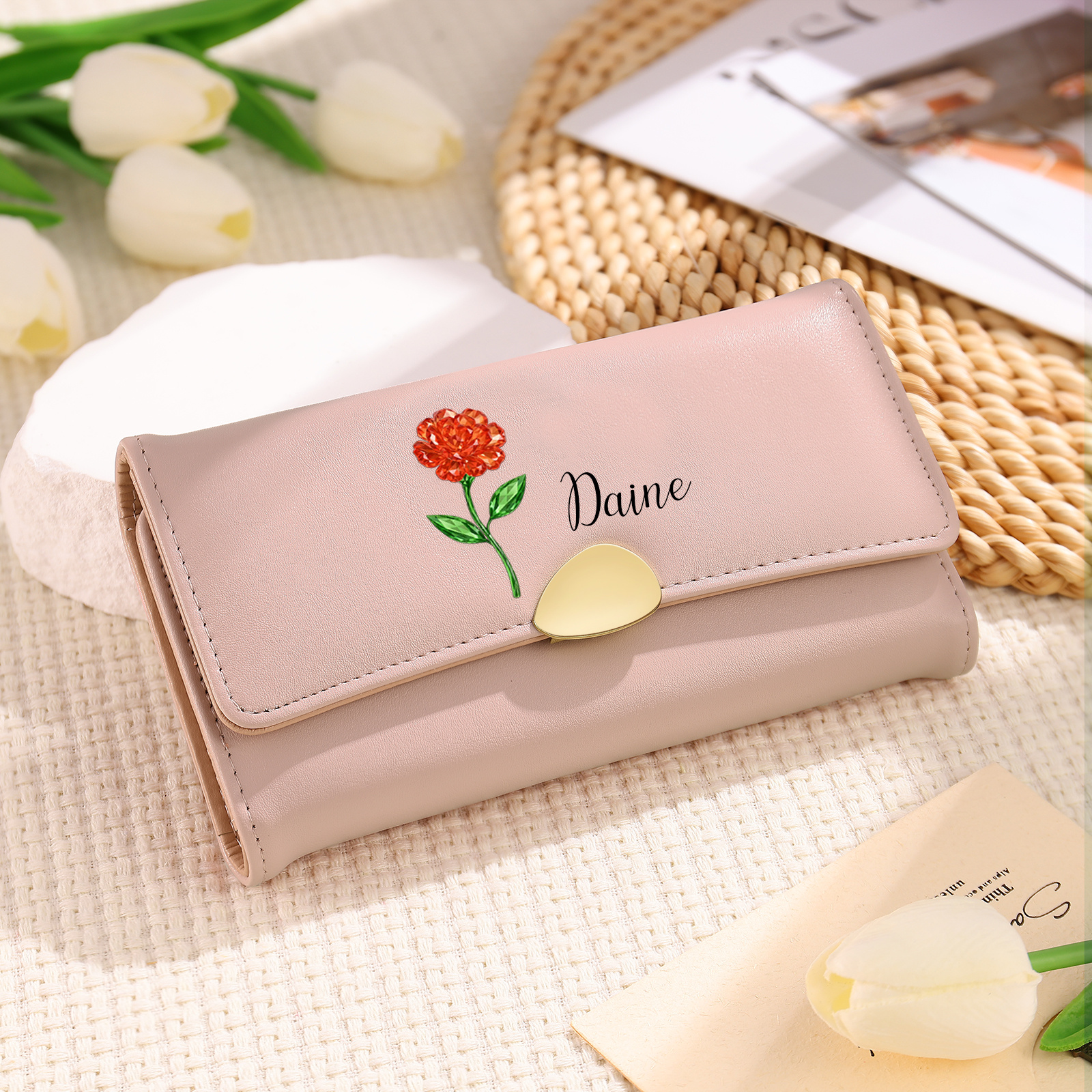 Personalized Long Women Leather Wallet Custom with Birth Flower and Name