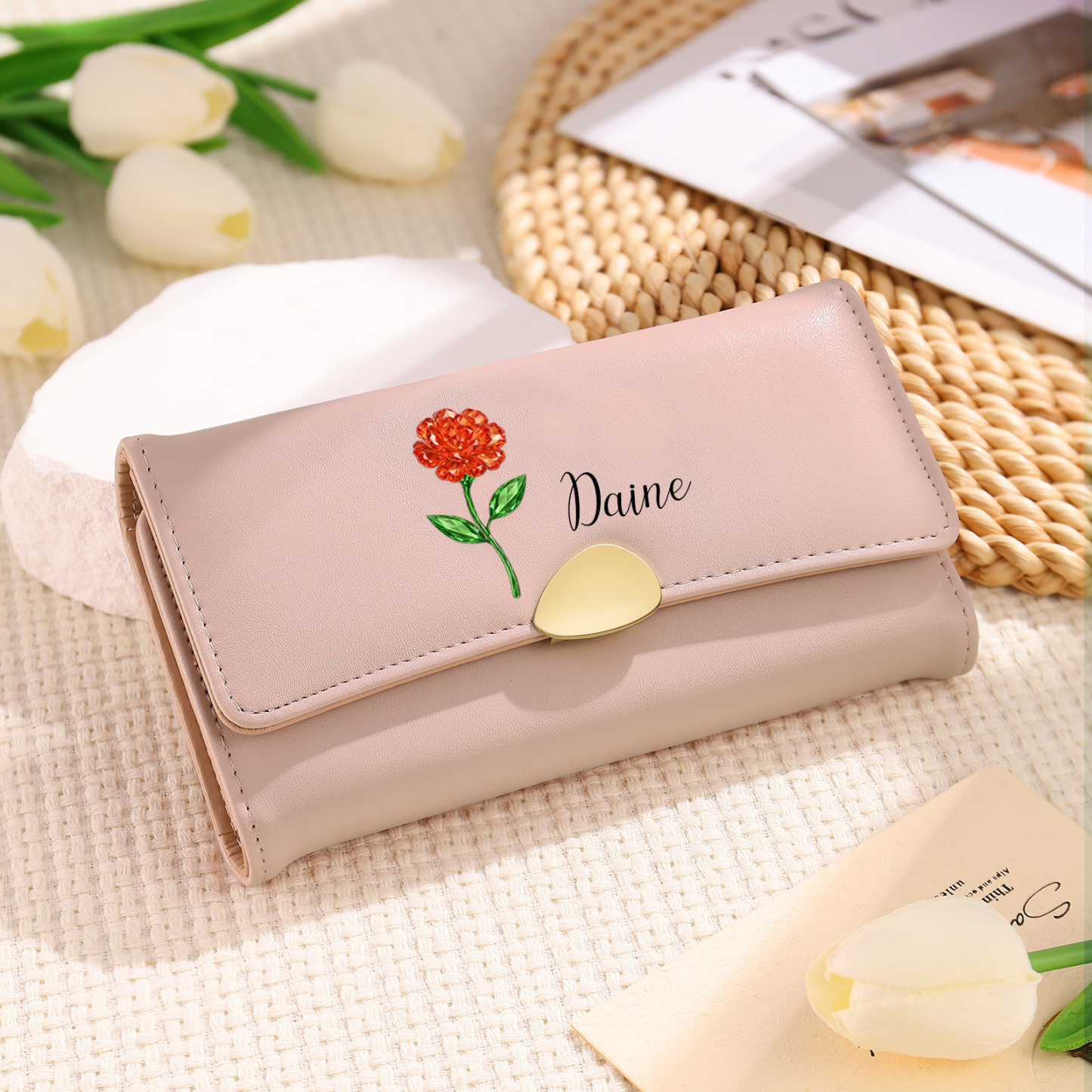 Personalized Long Women Leather Wallet Custom with Birth Flower and Name