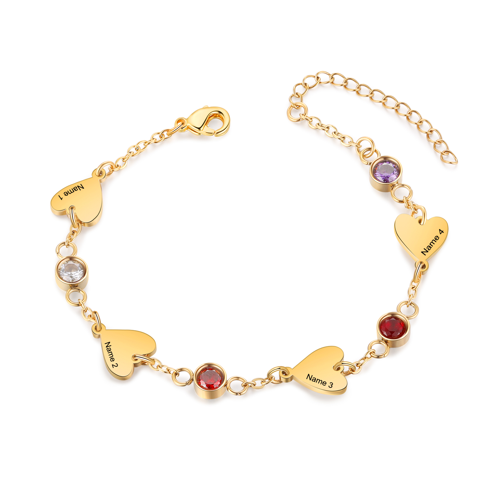 Personalized 1-5 Names Gold Heart Birthstone Chain Bracelet