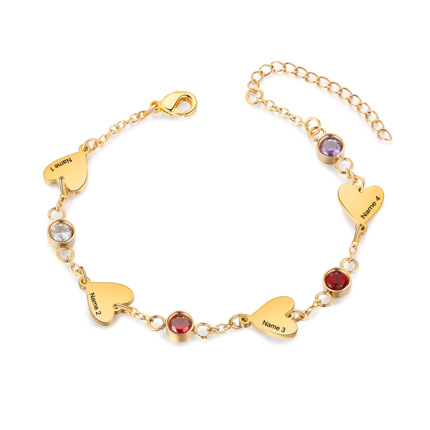 Personalized 1-5 Names Gold Heart Birthstone Chain Bracelet