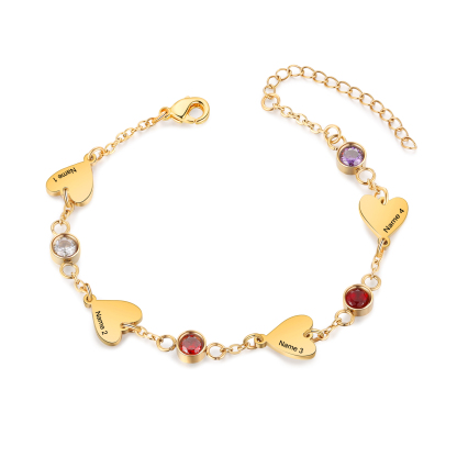 Personalized 1-5 Names Gold Heart Birthstone Chain Bracelet