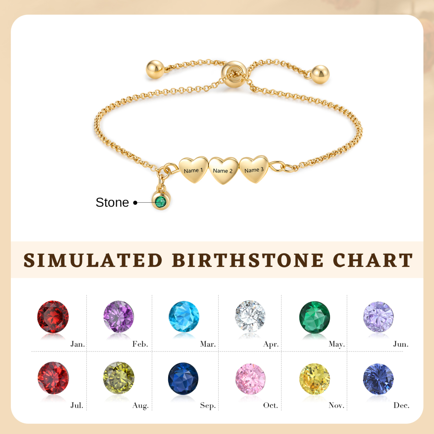 Personalized Bracelet With Engraved Hearts Custom with 2-5 Names And Birthstone Gift