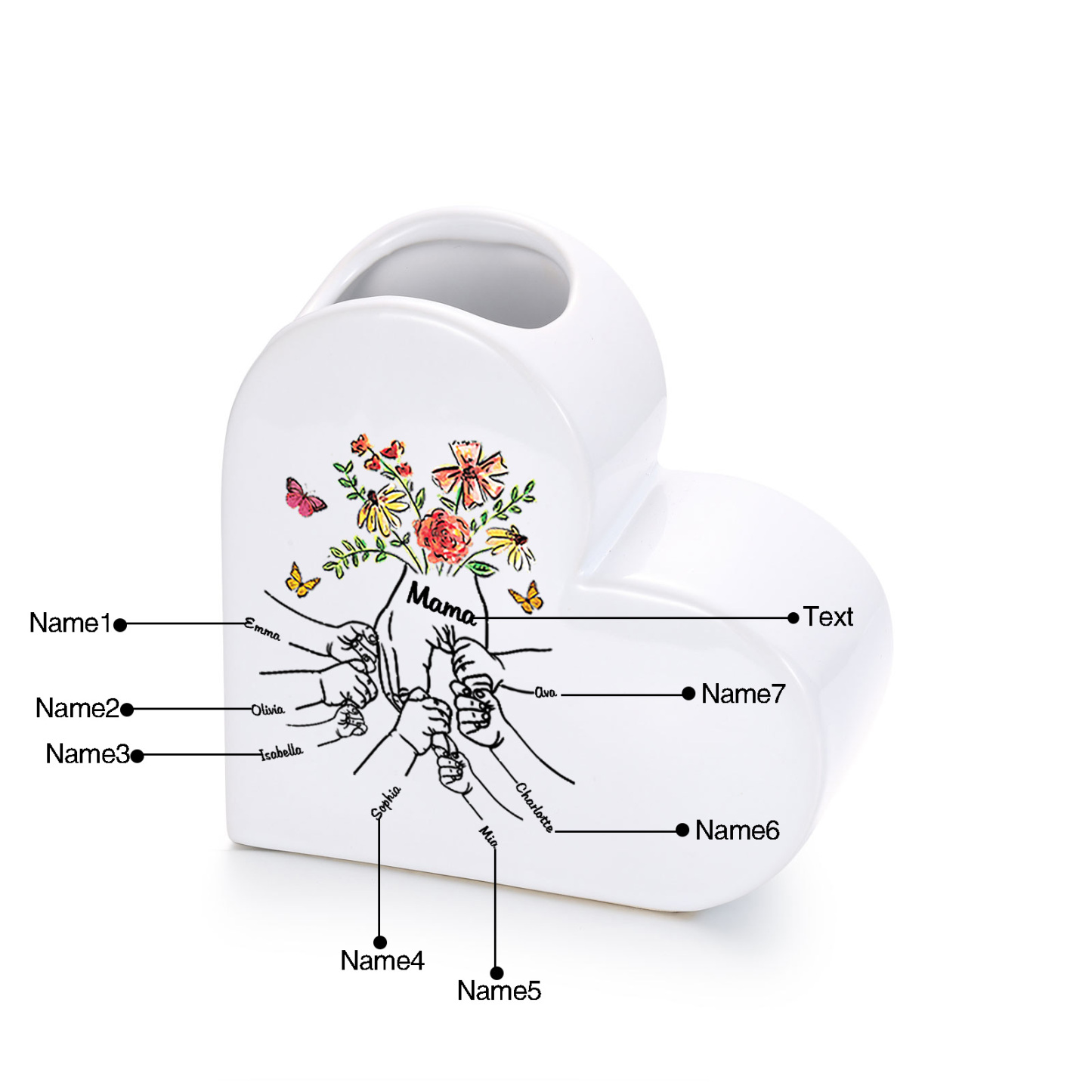 Personalized ceramic heart vase custom with text and 2–8 children’s names