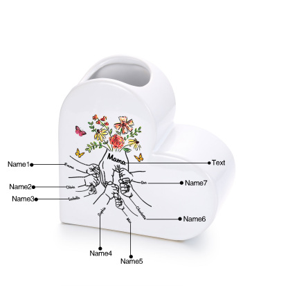 Personalized ceramic heart vase custom with text and 2–8 children’s names