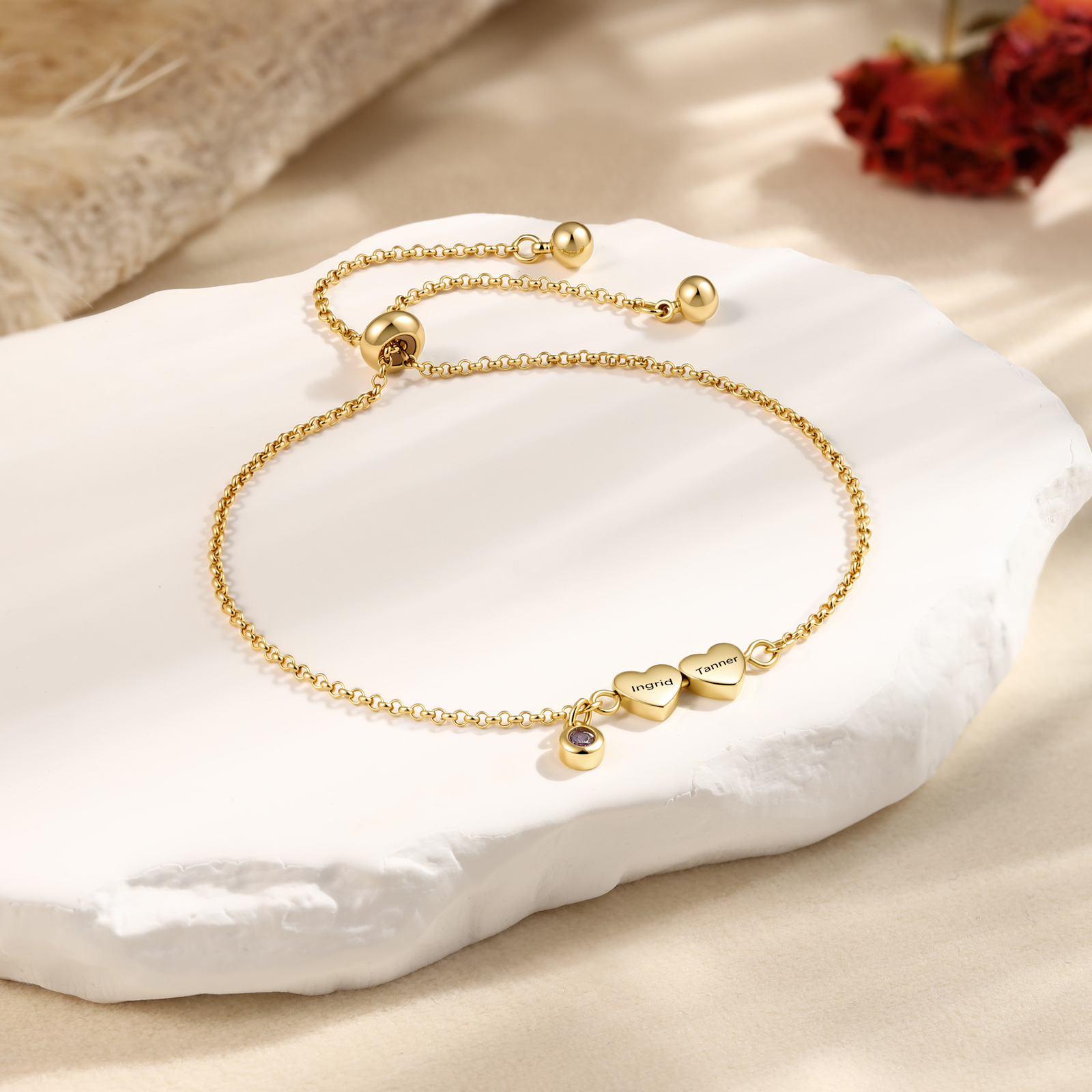 Personalized Bracelet With Engraved Hearts Custom with 2-5 Names And Birthstone Gift