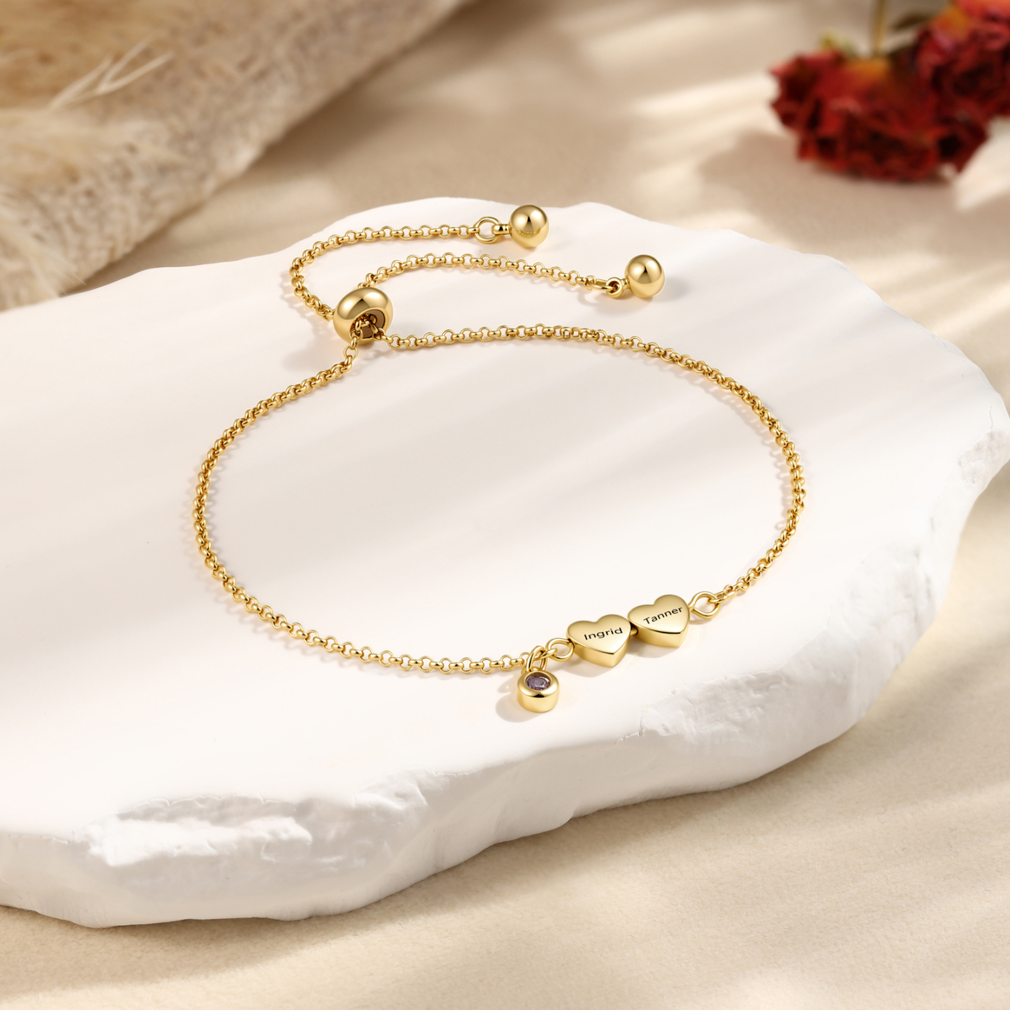 Personalized Bracelet With Engraved Hearts Custom with 2-5 Names And Birthstone Gift