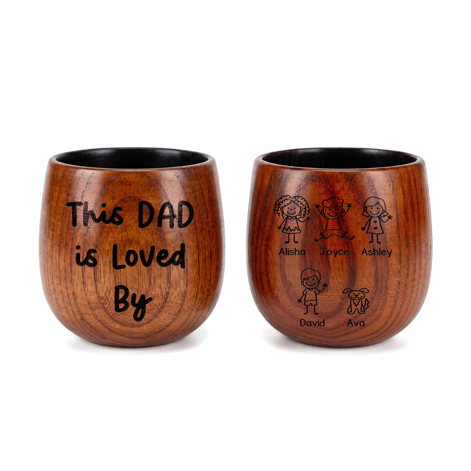 Personalized Wooden Whiskey Cup Engraved Mug Customized with 1-8 Names with Kids Characters Fathers Day Gift for Dad Husband Grandpa | Jessemade