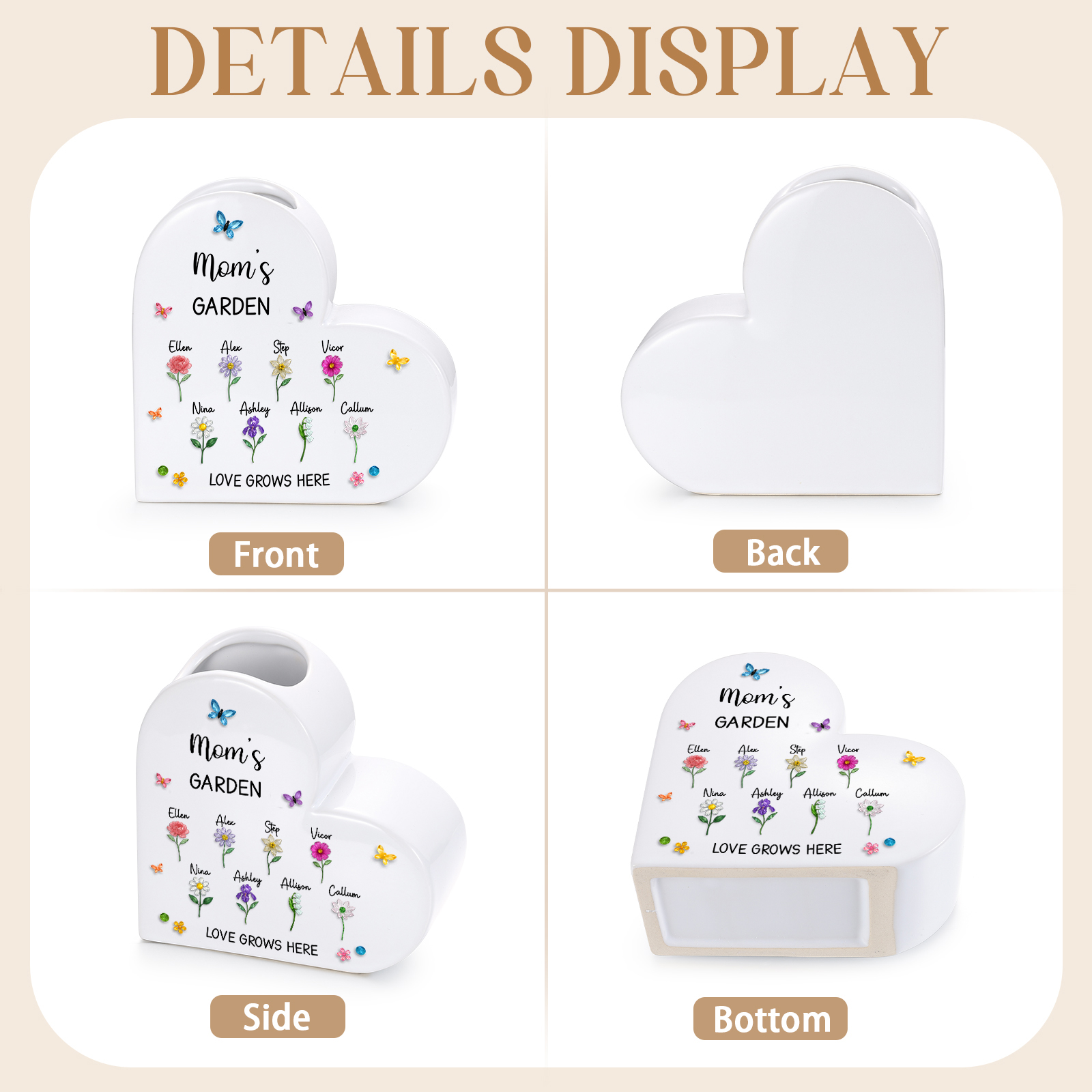 Personalized Ceramic Heart Vase Custom with 1–10 Names and Birth Flowers Family Gift for Mom or Grandma