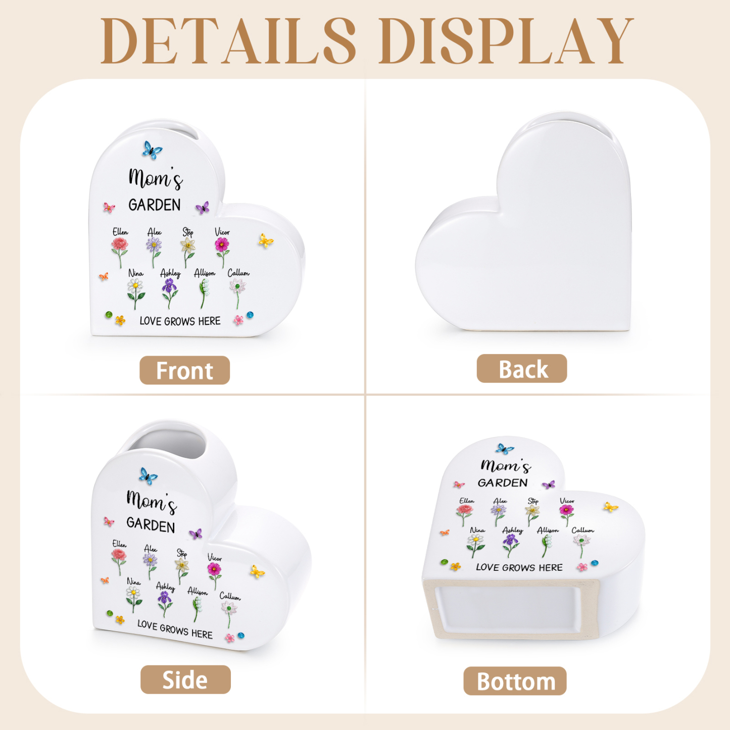 Personalized Ceramic Heart Vase Custom with 1–10 Names and Birth Flowers Family Gift for Mom or Grandma