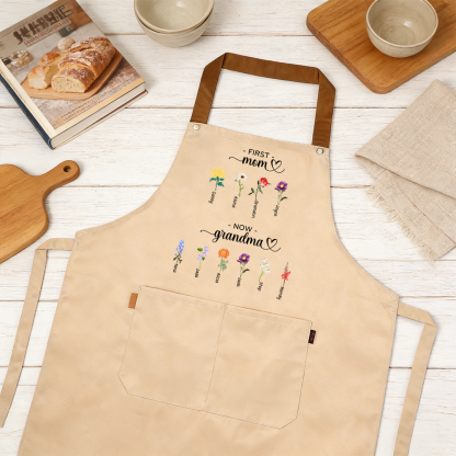 Personalized Kitchen Apron First Mom, Now Grandma Custom with 2-12 Names and Birth Flowers, a Useful and Heartfelt Mother’s Day Gift for Grandmothers | Jessemade