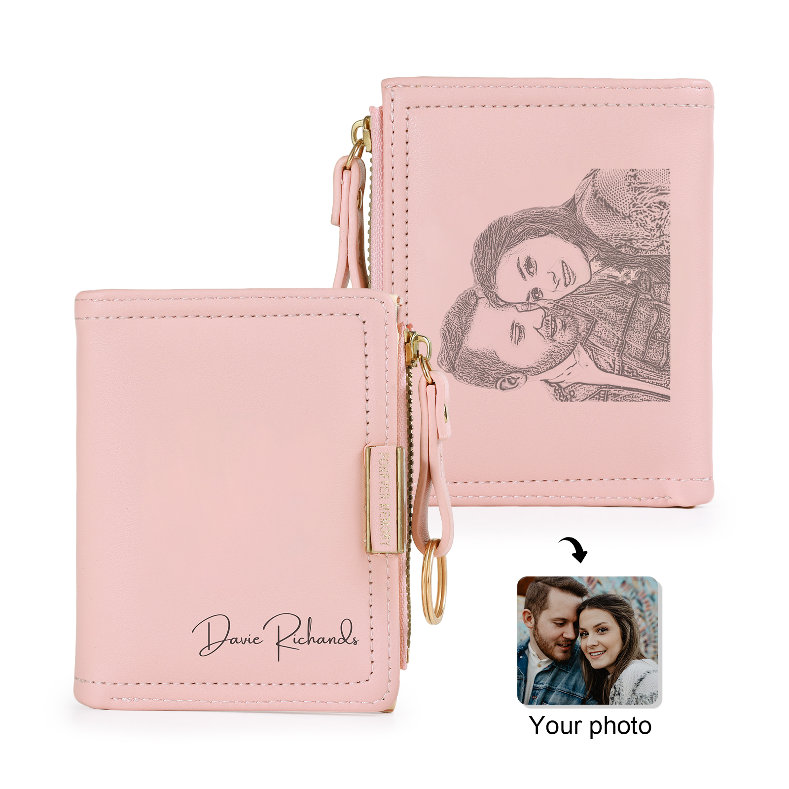 Personalized Leather Zippered Wallet Custom With Photo And Engraved Name