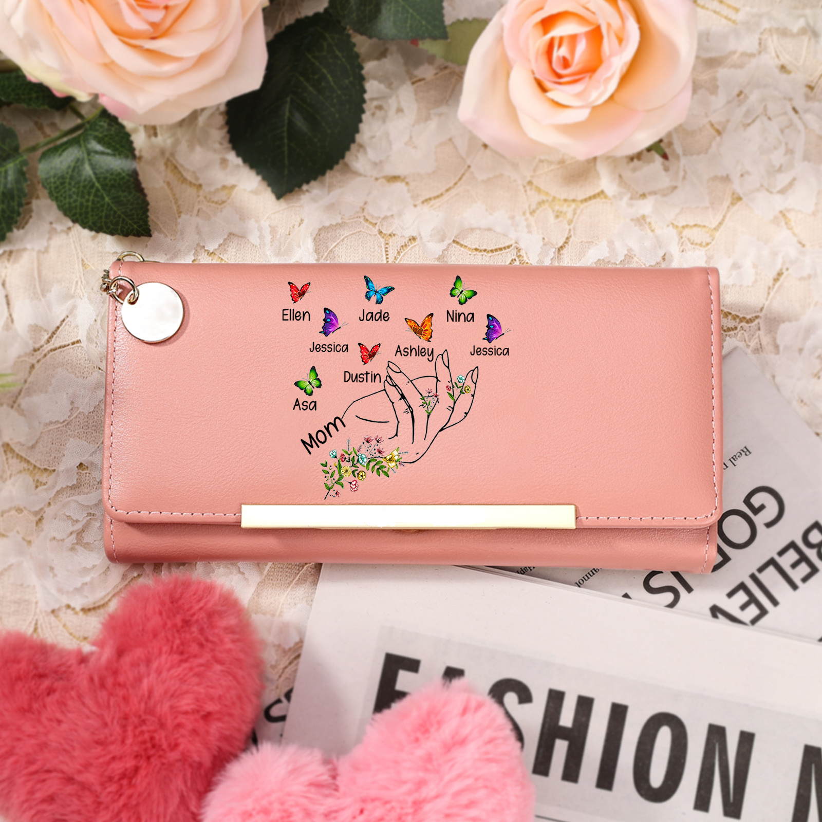 Personalized Women Wallet Floral Butterfly Design Customized With 2–8 Names