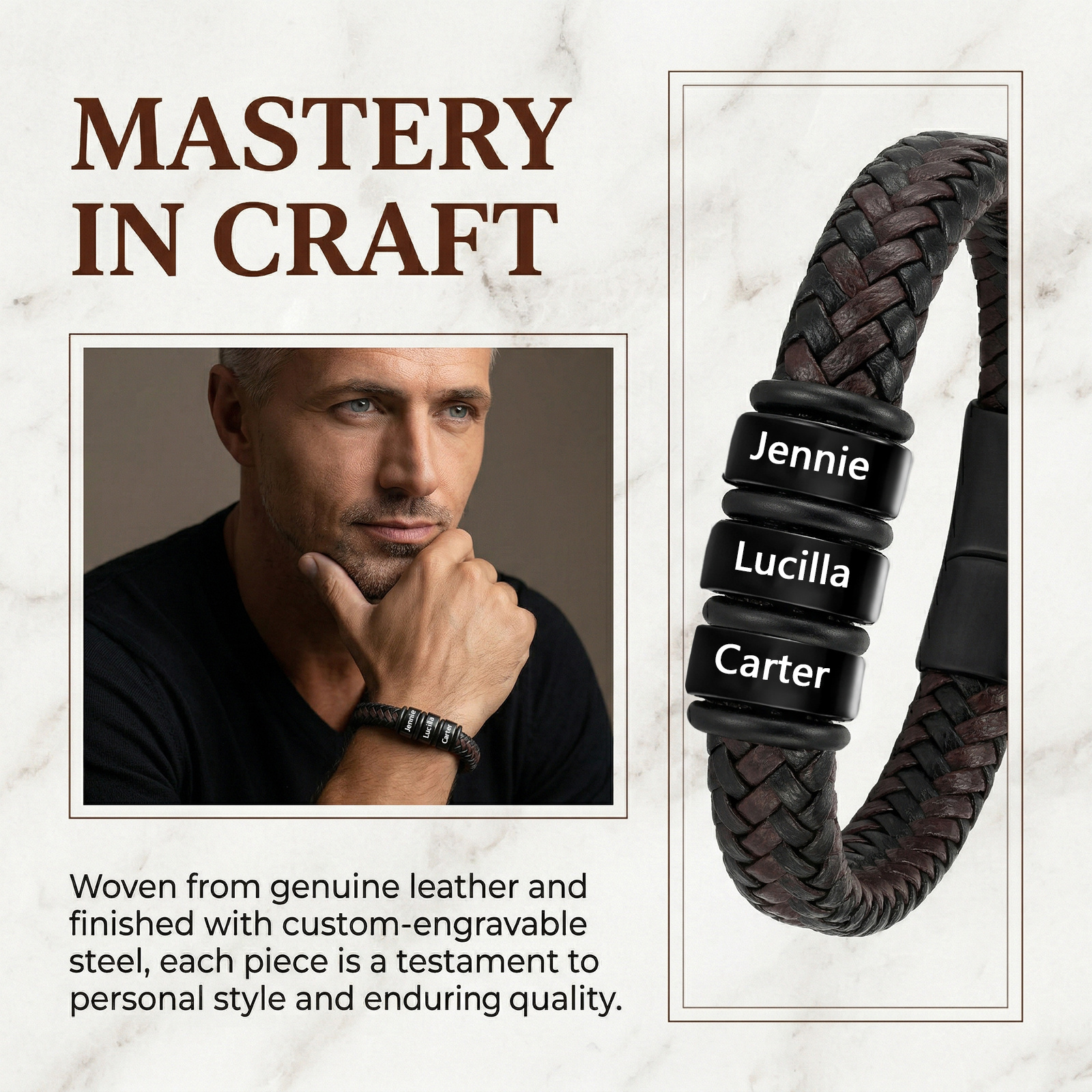 Personalized Leather Braided Bracelet Custom with 2-6 Name Beads
