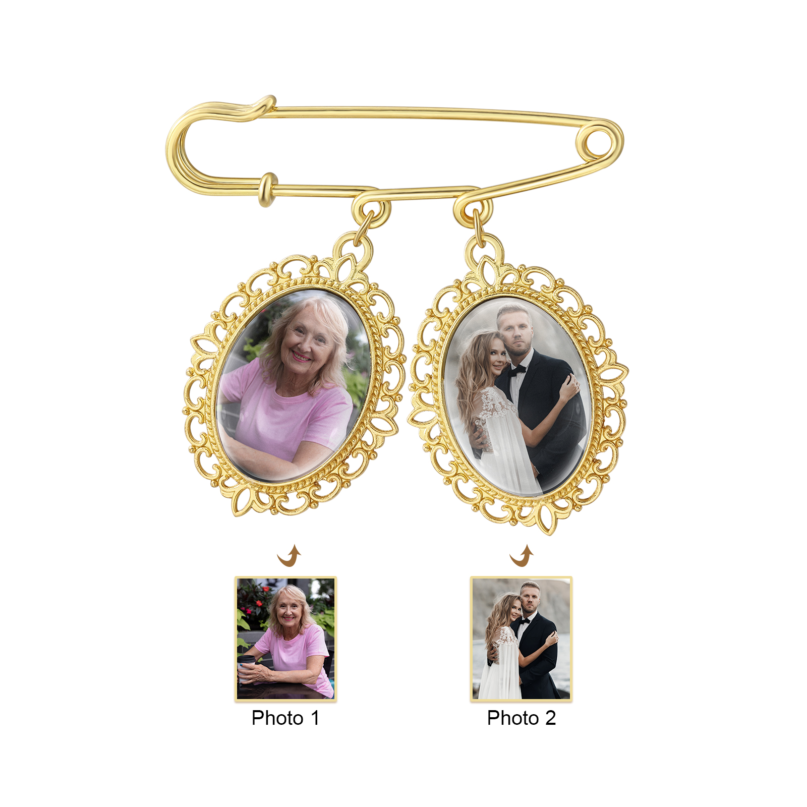 Personalized Wedding Photo Brooch Pendant Custom 1-4 Photos and Custom Text Heart Charm Boutonniere Lapel Pin Anniversary Wedding Gift for Wife | Jessemade
