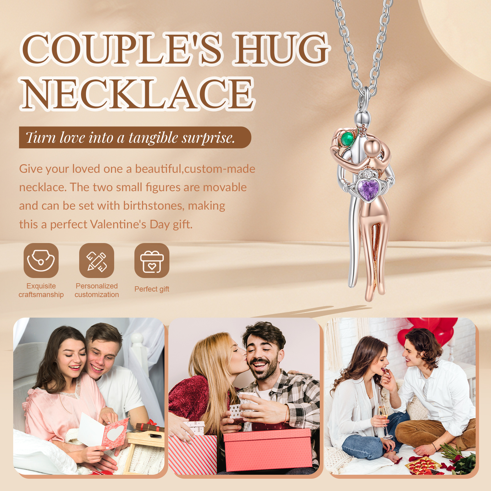 Couple Hug Birthstone Necklace, Two-Tone Heart Pendant for Women