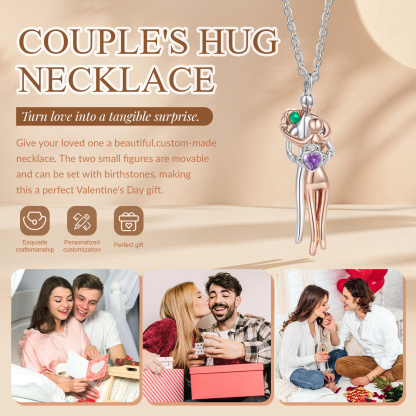 Couple Hug Birthstone Necklace, Two-Tone Heart Pendant for Women