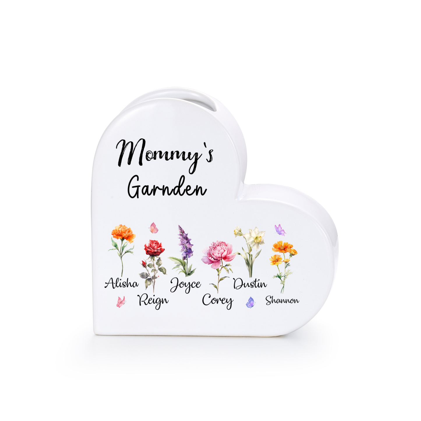 Personalized Heart Shaped Ceramic Vase Grandma’S Garden Custom With 1–12 Birth Flowers And Names