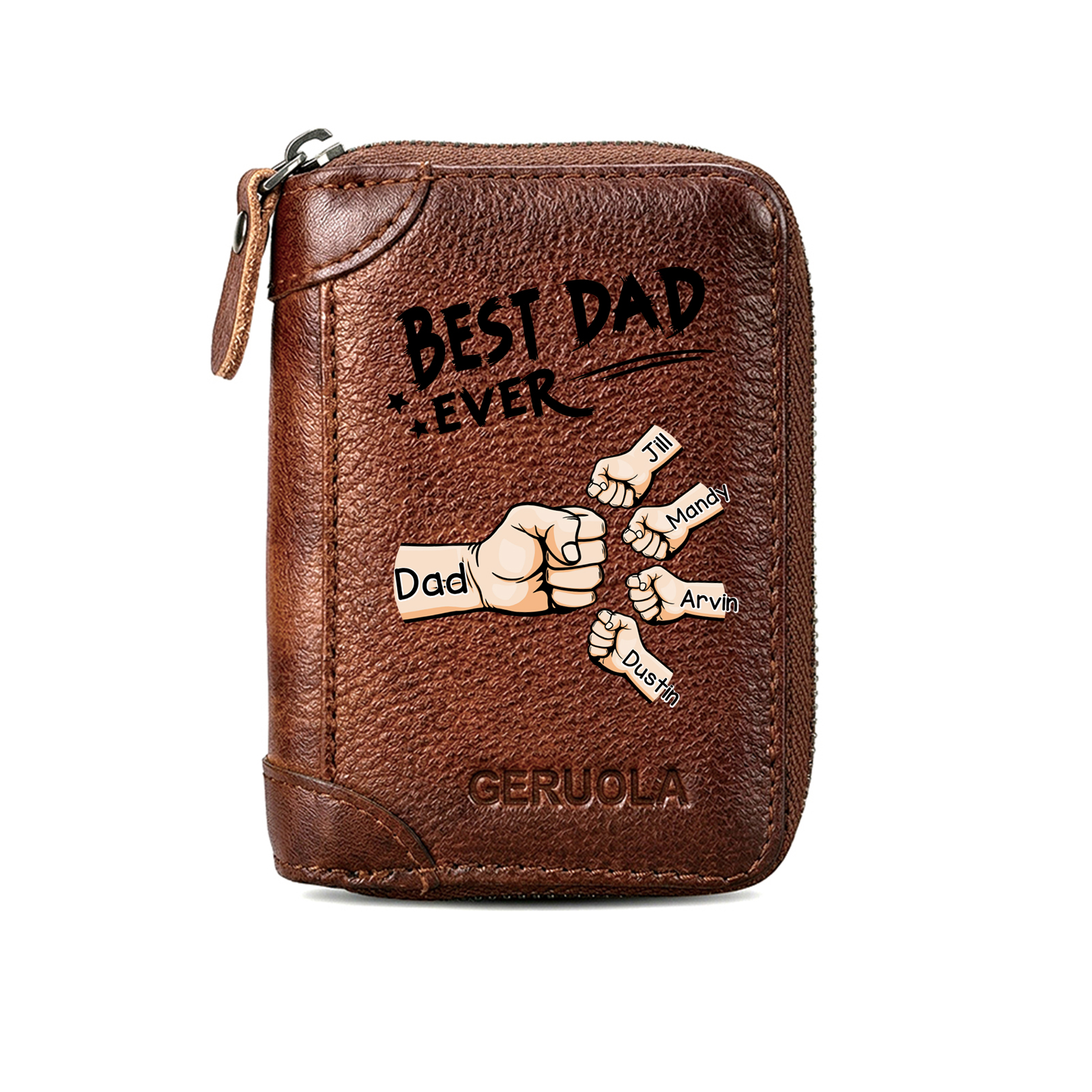 Personalized Genuine Leather Card Holder Custom with 1–6 Names and Fists Zippered Wallet for the Best Dad Grandpa