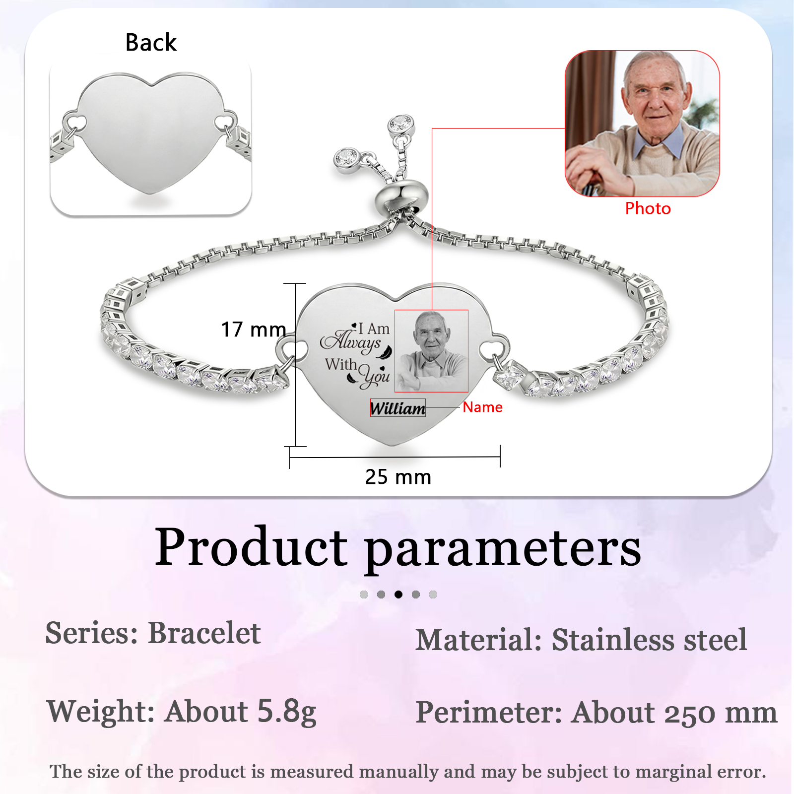 Personalized Memorial Photo Heart Slider Bracelet for Women Tennis Chain Bracelet