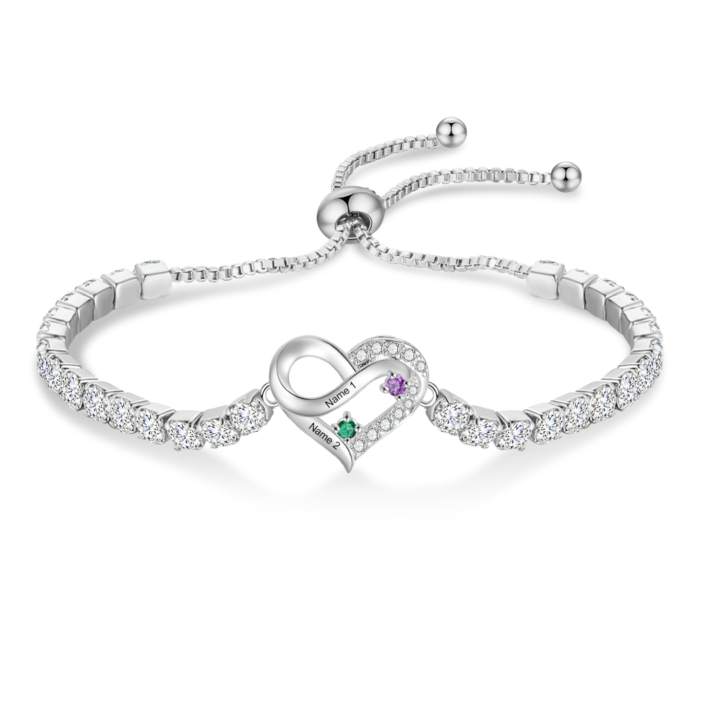 Personalized Infinity Heart Tennis Bracelet with 2–4 Names and Birthstones