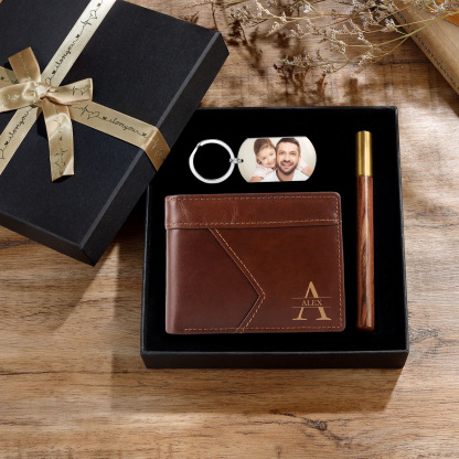 Personalized Leather Wallet Gift Set with Custom Initials and Name and a Personalized Photo Keychain – Father’s Day and Birthday Gift for Dad, Husband, or Grandpa | Jessemade