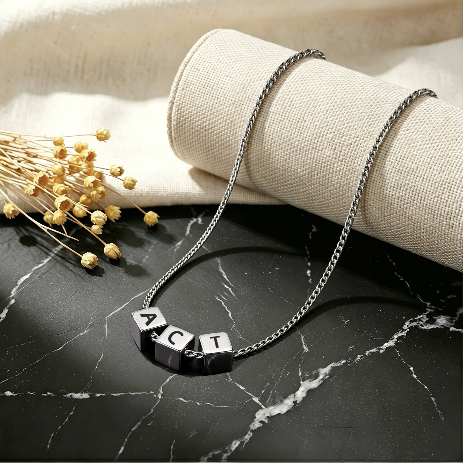 Personalized Men's Stainless Steel Necklace With Letter Cube Gift For Him