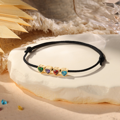 Personalized String Rope Bracelet Adjustable Custom with 2–5 Heart-shaped Birthstones Gift for Mom