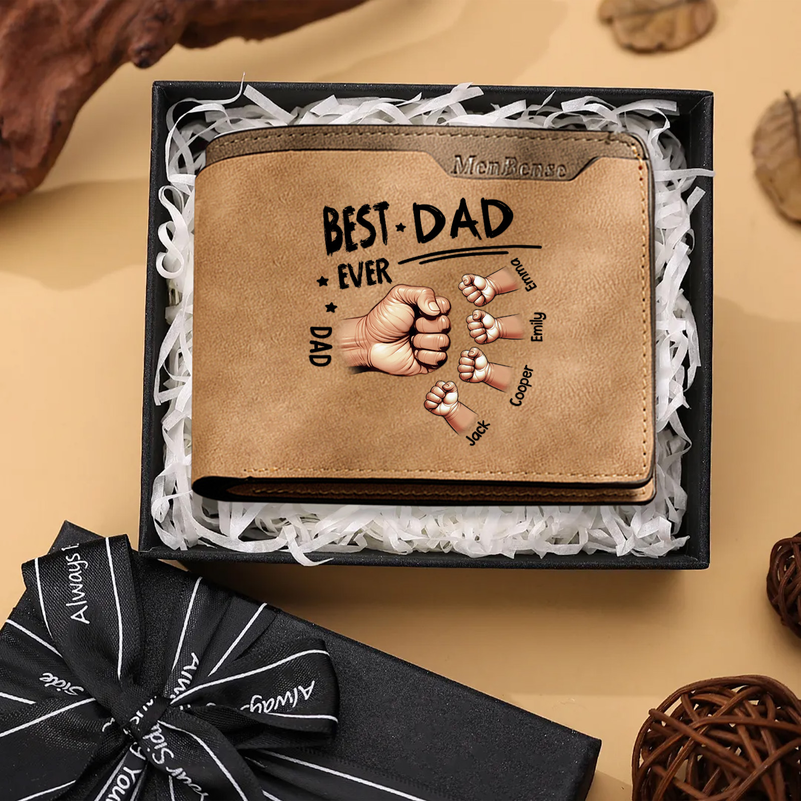 Best Dad Ever - Personalized Leather Wallet Custom 2-7 Names and Fist Bump| Father's Day Gift for Dad | Jessemade