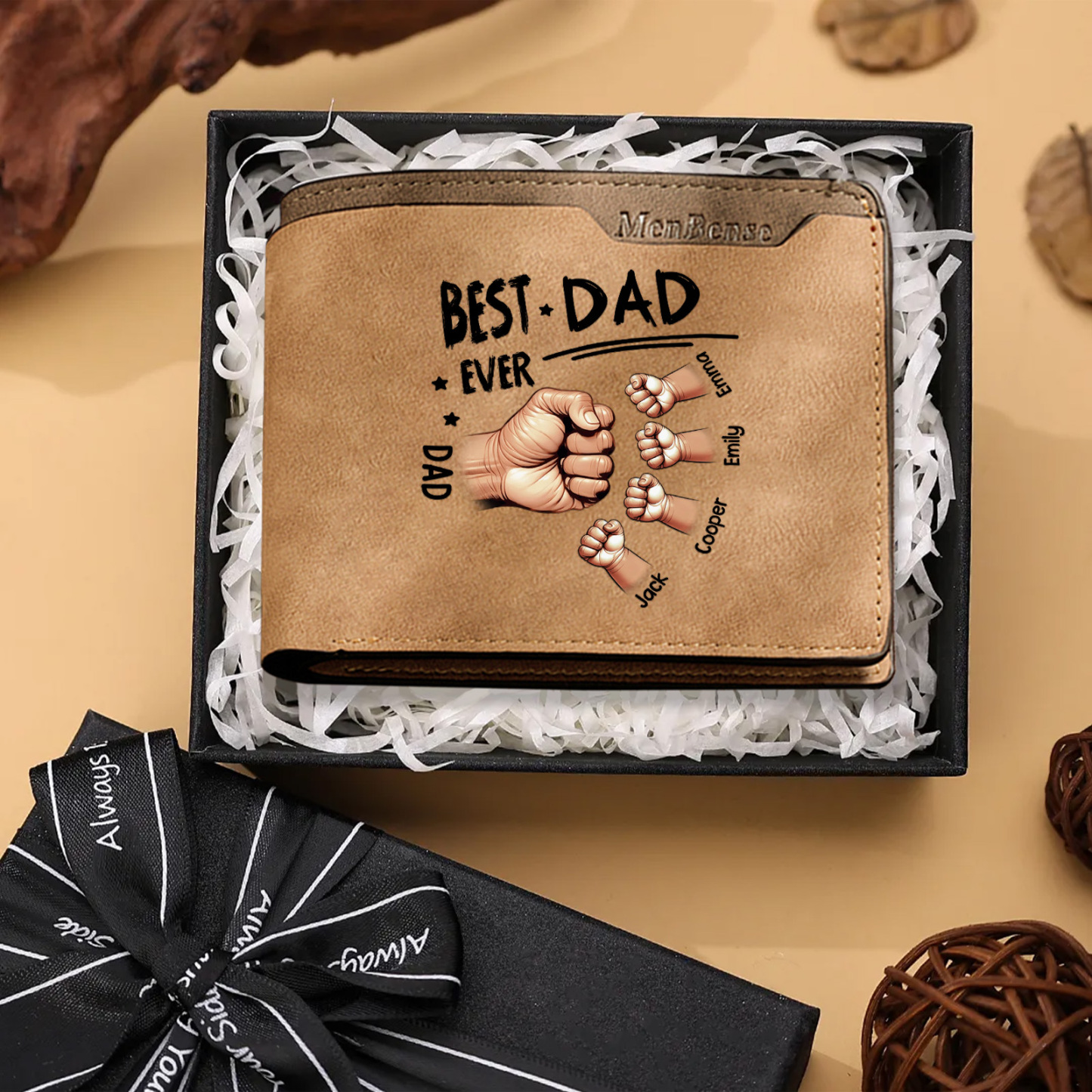Best Dad Ever - Personalized Leather Wallet Custom 2-7 Names and Fist Bump| Father's Day Gift for Dad | Jessemade
