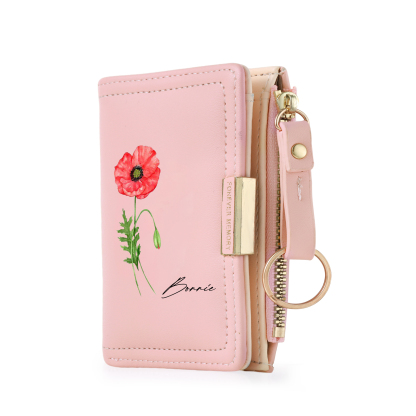 Personalized Women’s Leather Wallet Custom With Name And Birth Flower