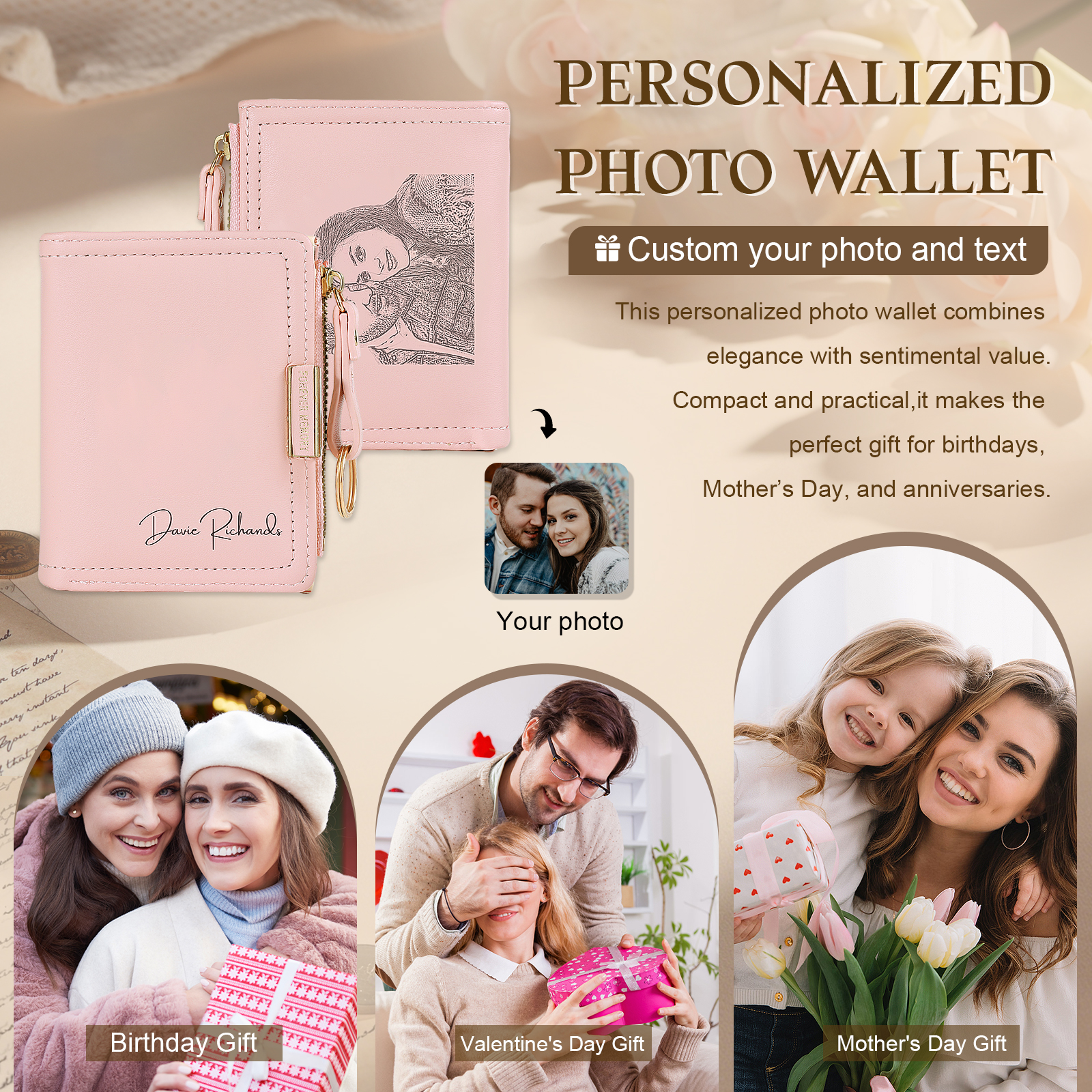 Personalized Leather Zippered Wallet Custom With Photo And Engraved Name