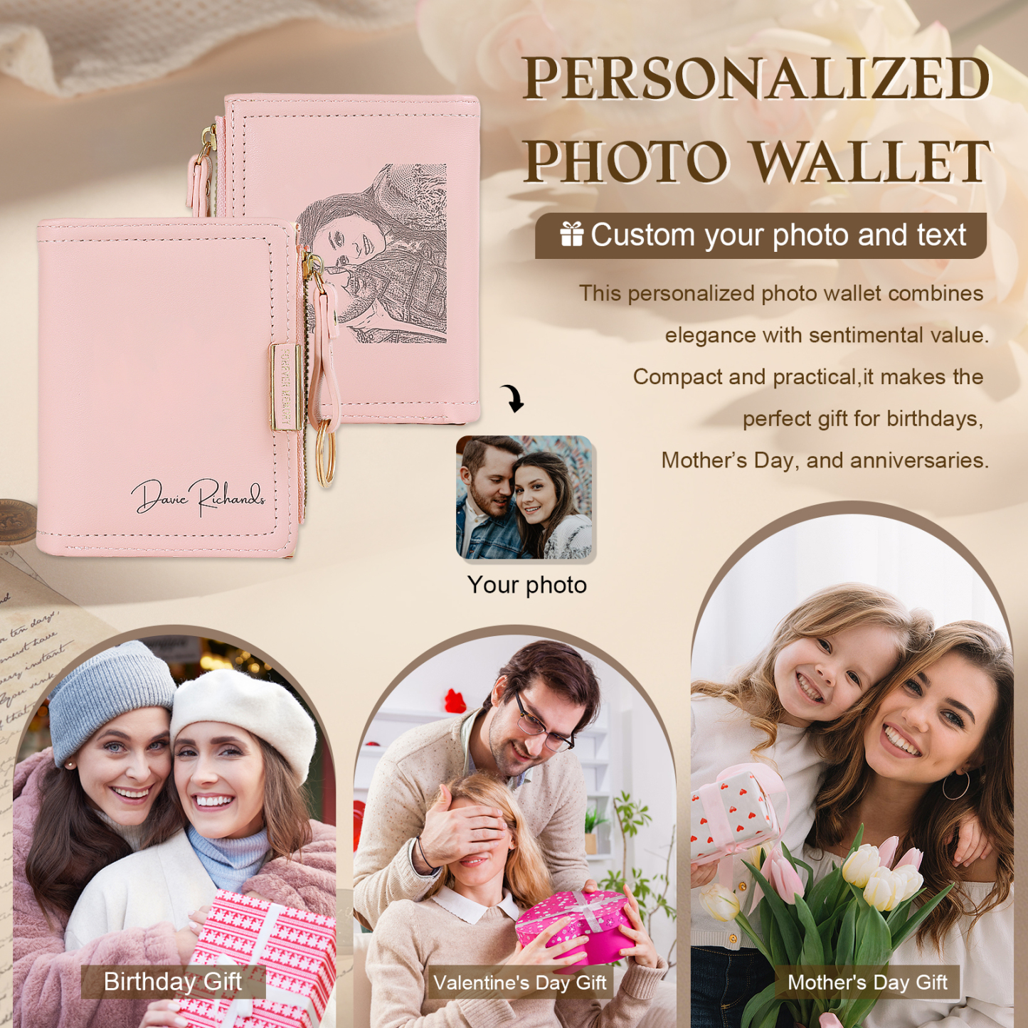 Personalized Leather Zippered Wallet Custom With Photo And Engraved Name