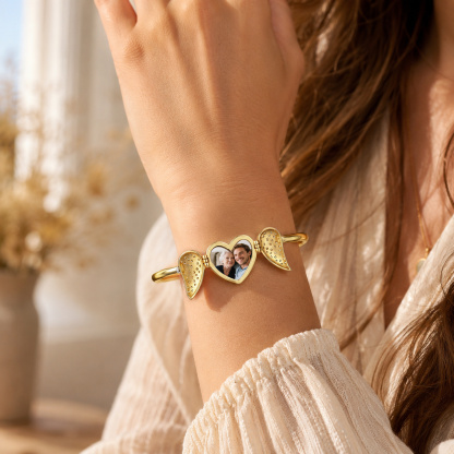 Personalized Angel Wing Heart Photo Cuff Bracelet