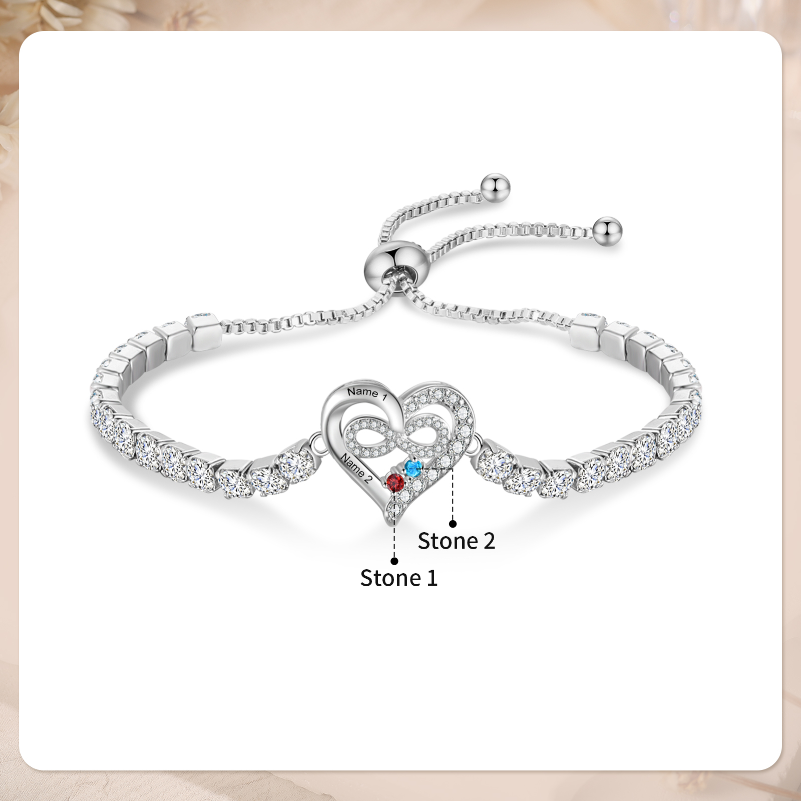 Personalized Tennis Bracelet with Infinity Heart Custom 2-4 Names and Birthstones Adjustable with Cubic Zirconia