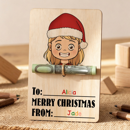Personalized Wooden Christmas Money Holder with 2 Names Cash Gift Card for Child