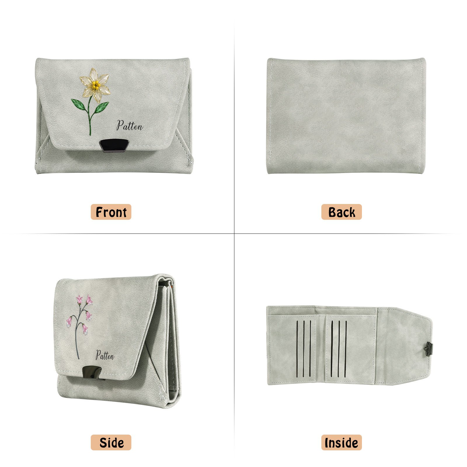 Personalized Women Leather Wallet Custom With Birth Flower And Name