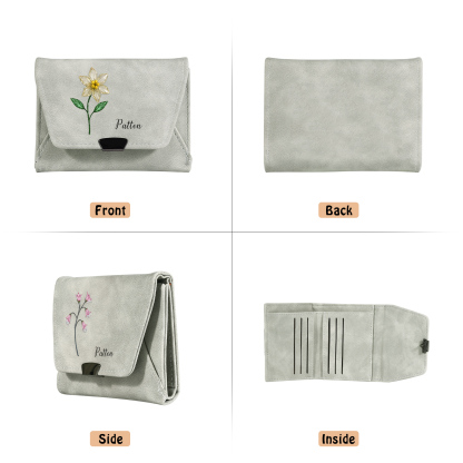 Personalized Women Leather Wallet Custom With Birth Flower And Name