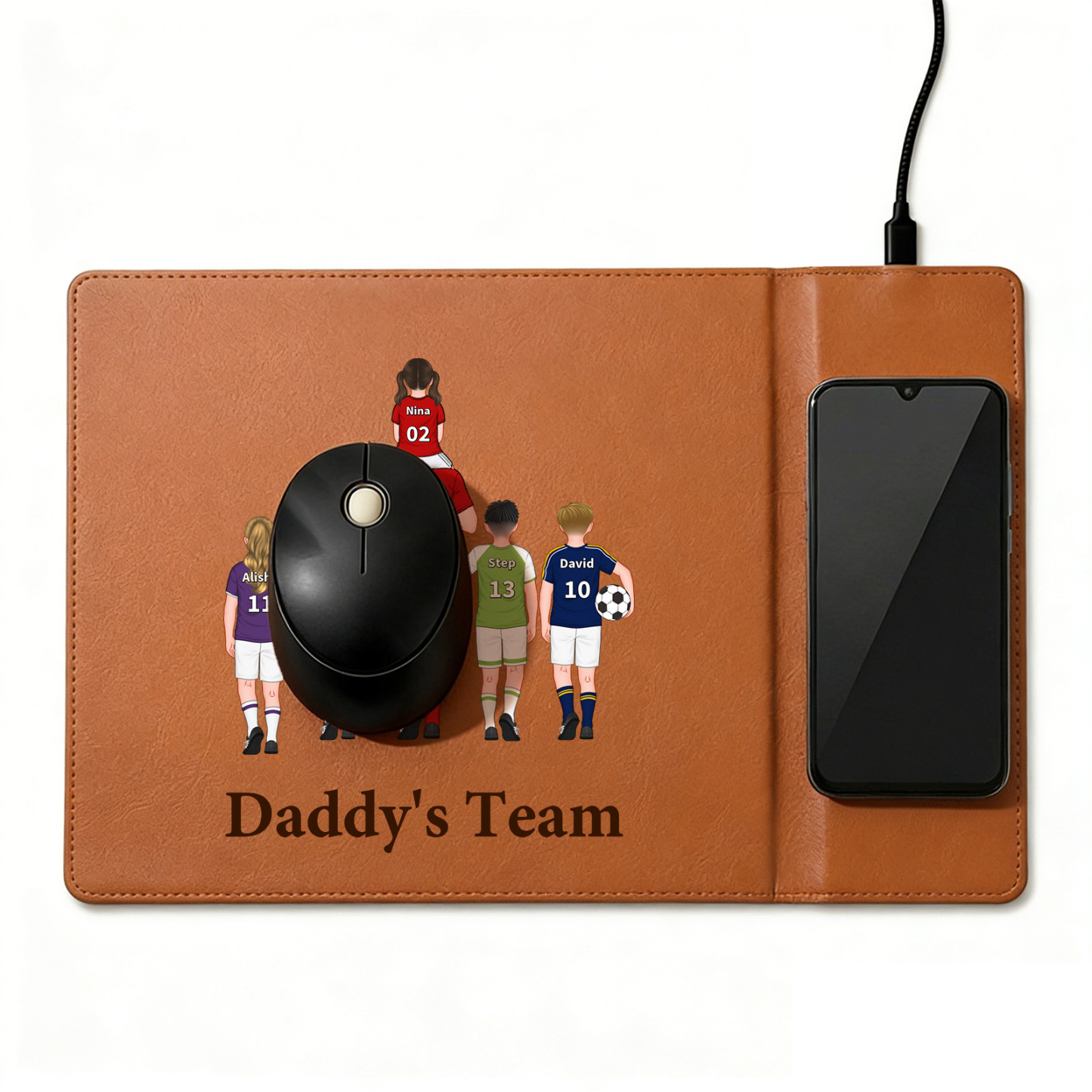Personalized Leather Desk Pad With Wireless Charging Function Dadday's Team Custom with 1 To 8 Child Figures And Names