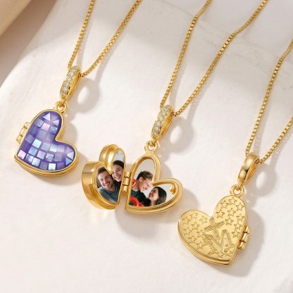 Personalized Heart Photo Locket Necklace for Her White Abalone Necklace