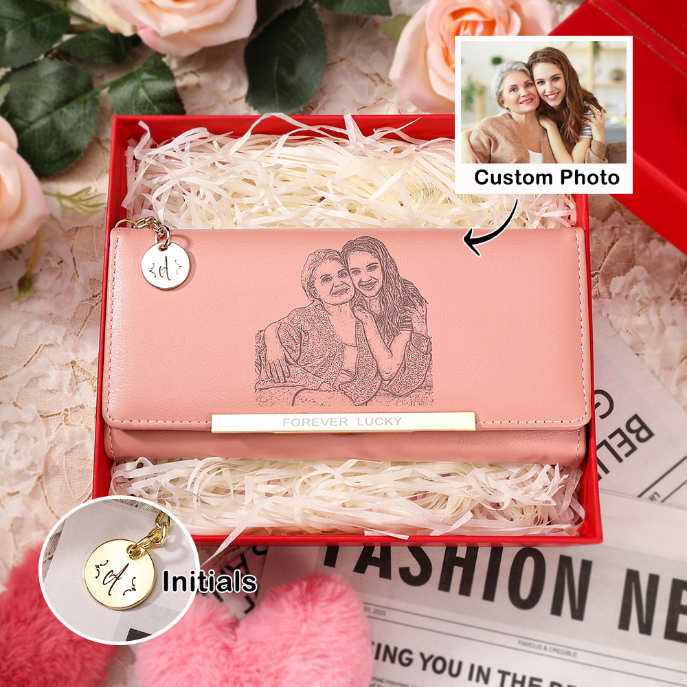 Personalised Women's Wallet with Custom Photo & Letter – PU Leather Purse in Blue & Pink & Yellow Christmas Gift for Nan | Jessemade