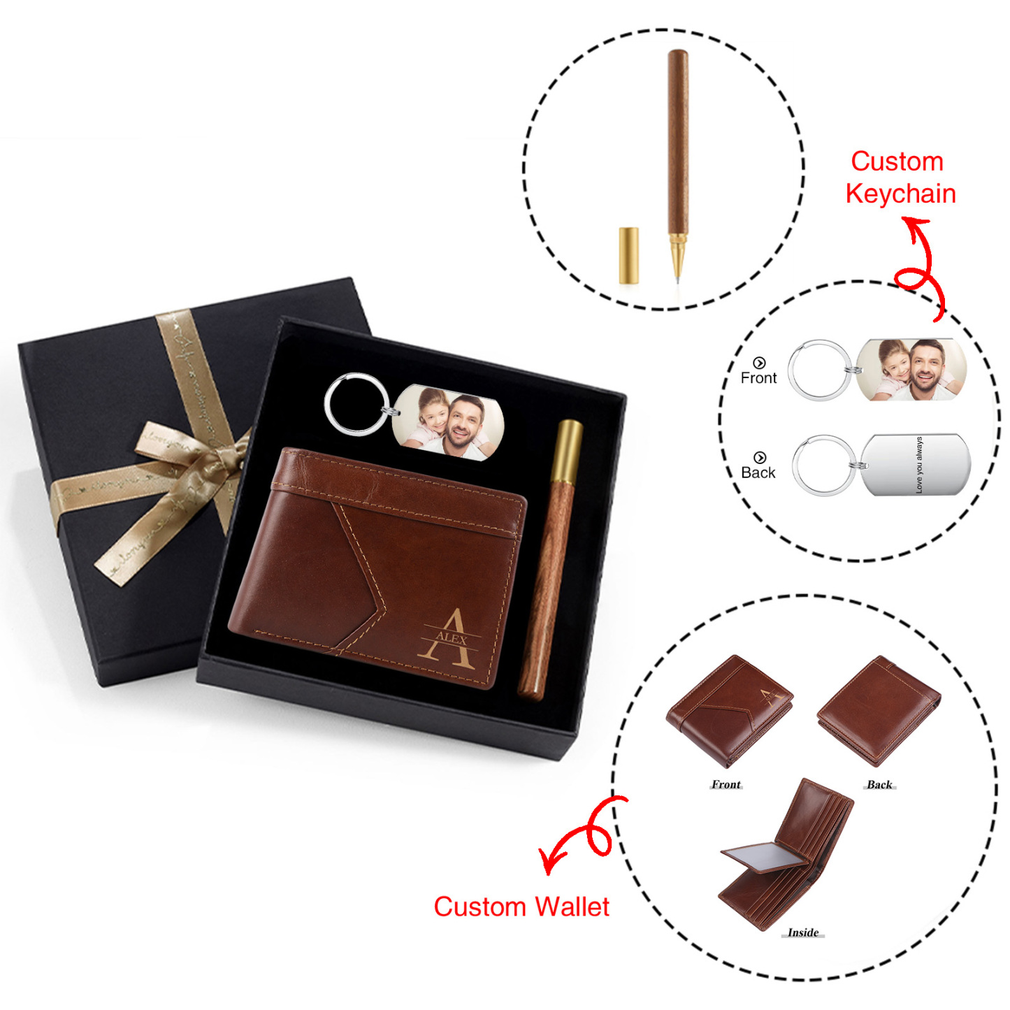 Personalized Leather Gift Set Bifold Wallet and Keychain Father's day Gift