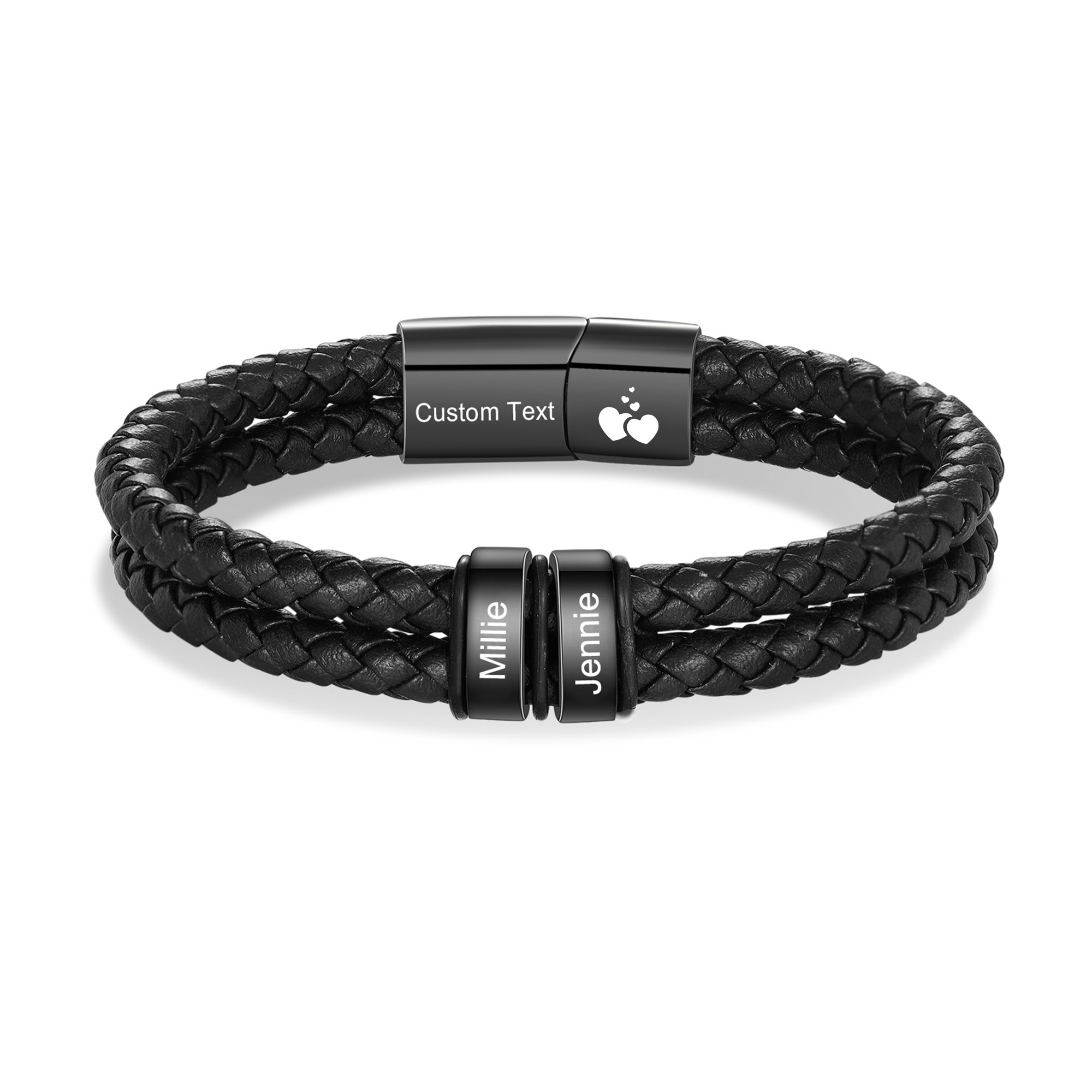 Personalized Black Braided Leather Bracelet Custom With 2-6 Names For Men