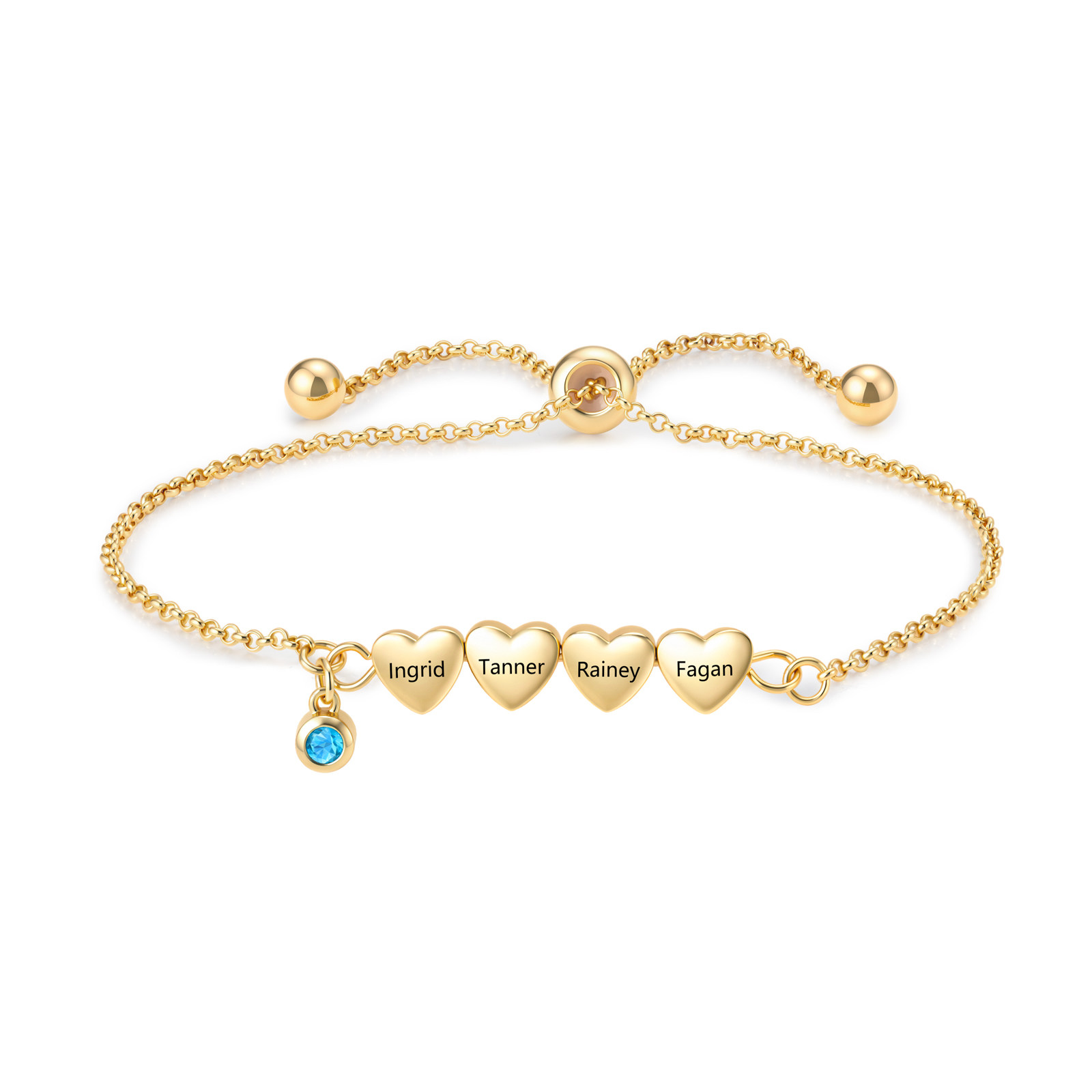 Personalized Bracelet With Engraved Hearts Custom with 2-5 Names And Birthstone Gift