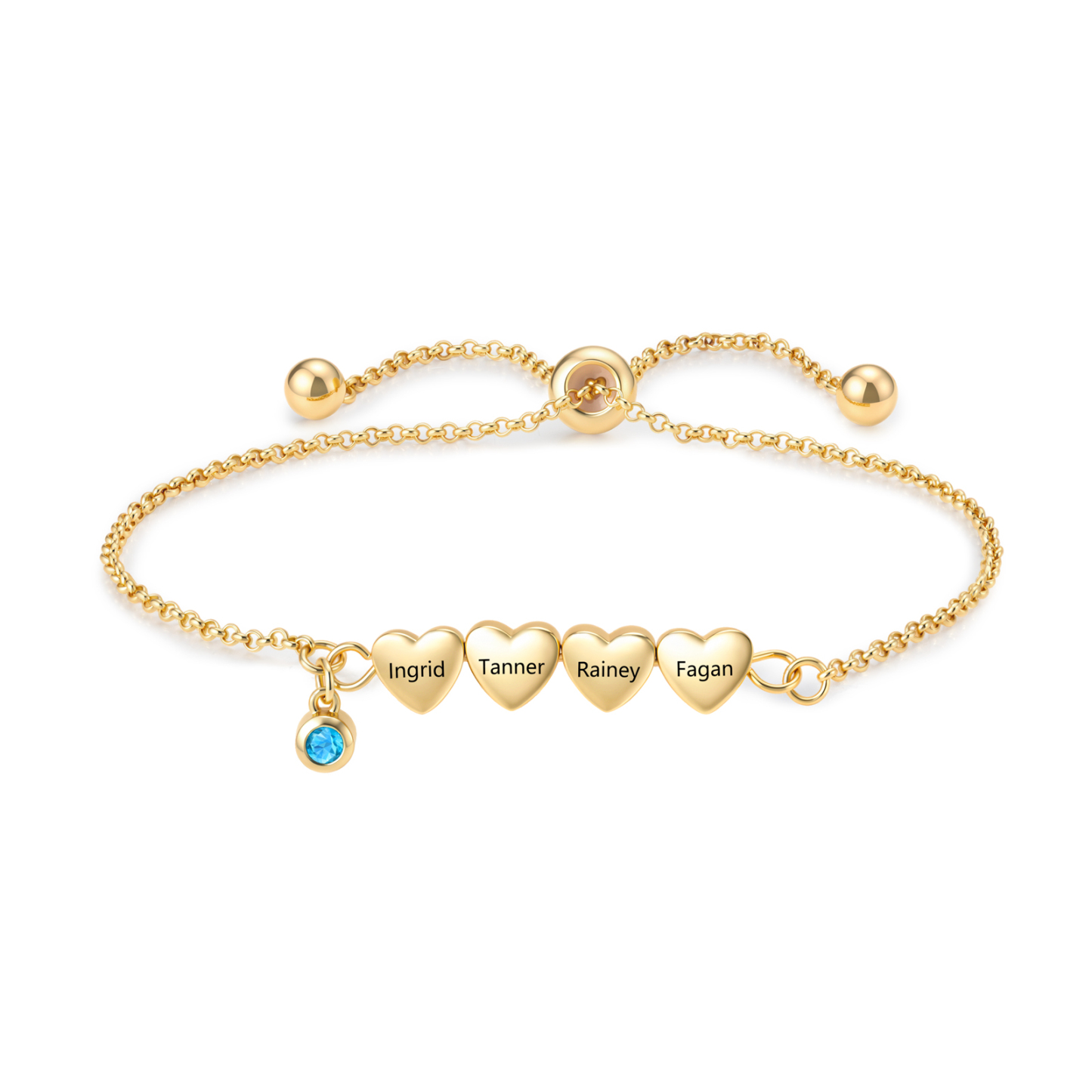 Personalized Bracelet With Engraved Hearts Custom with 2-5 Names And Birthstone Gift