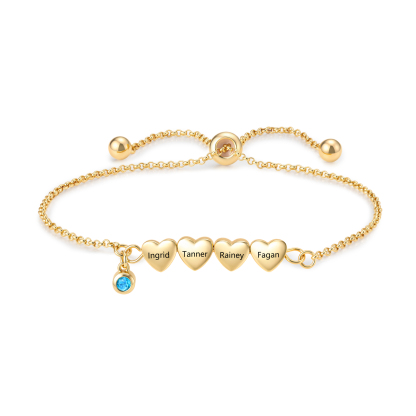 Personalized Bracelet With Engraved Hearts Custom with 2-5 Names And Birthstone Gift