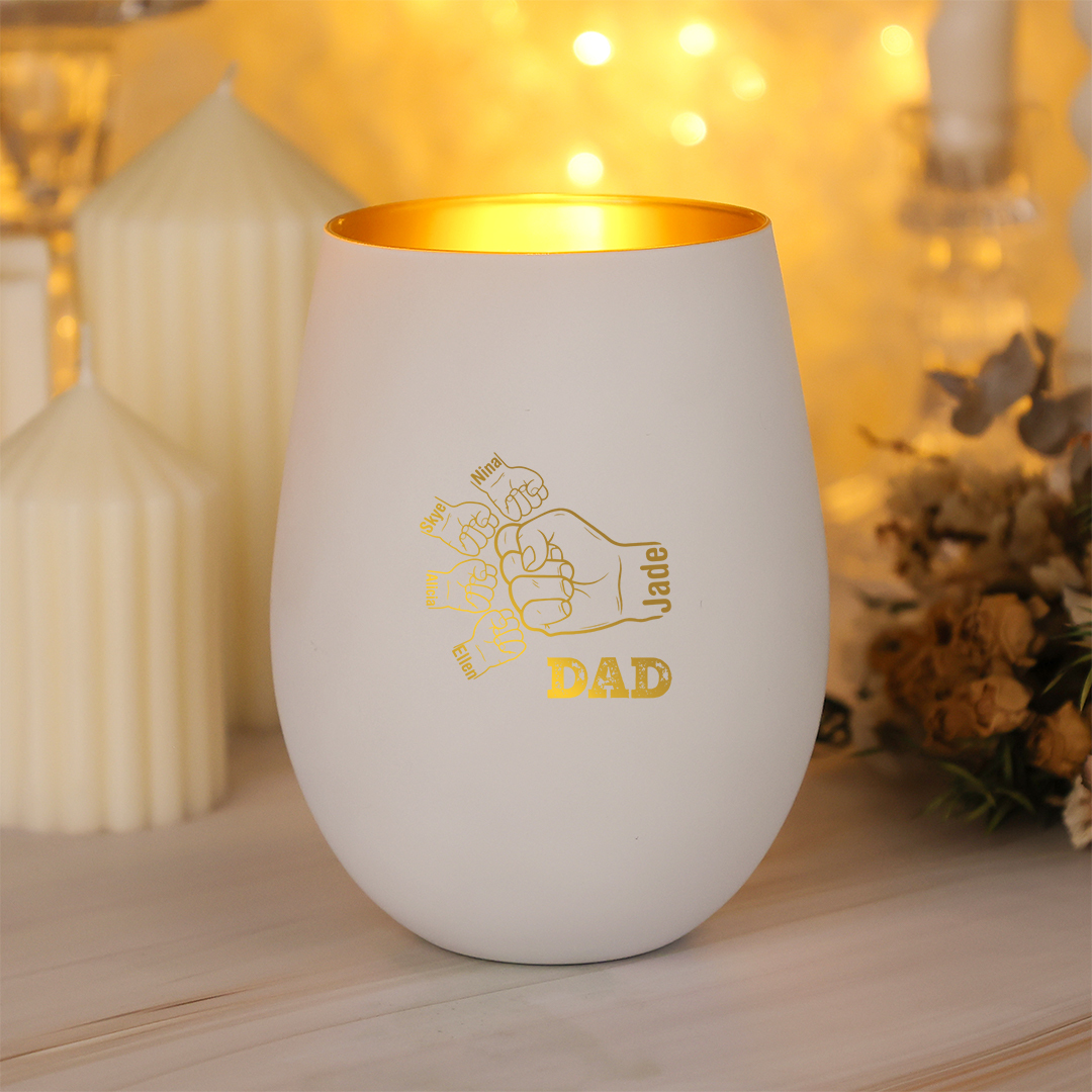 Personalized tumbler glass candle holder with “Fist Bump Dad,” customizable with 1–8 names – practical Father’s Day and birthday gift for Dad | Jessemade
