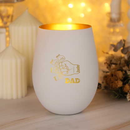 Personalized tumbler glass candle holder with “Fist Bump Dad,” customizable with 1–8 names – practical Father’s Day and birthday gift for Dad | Jessemade