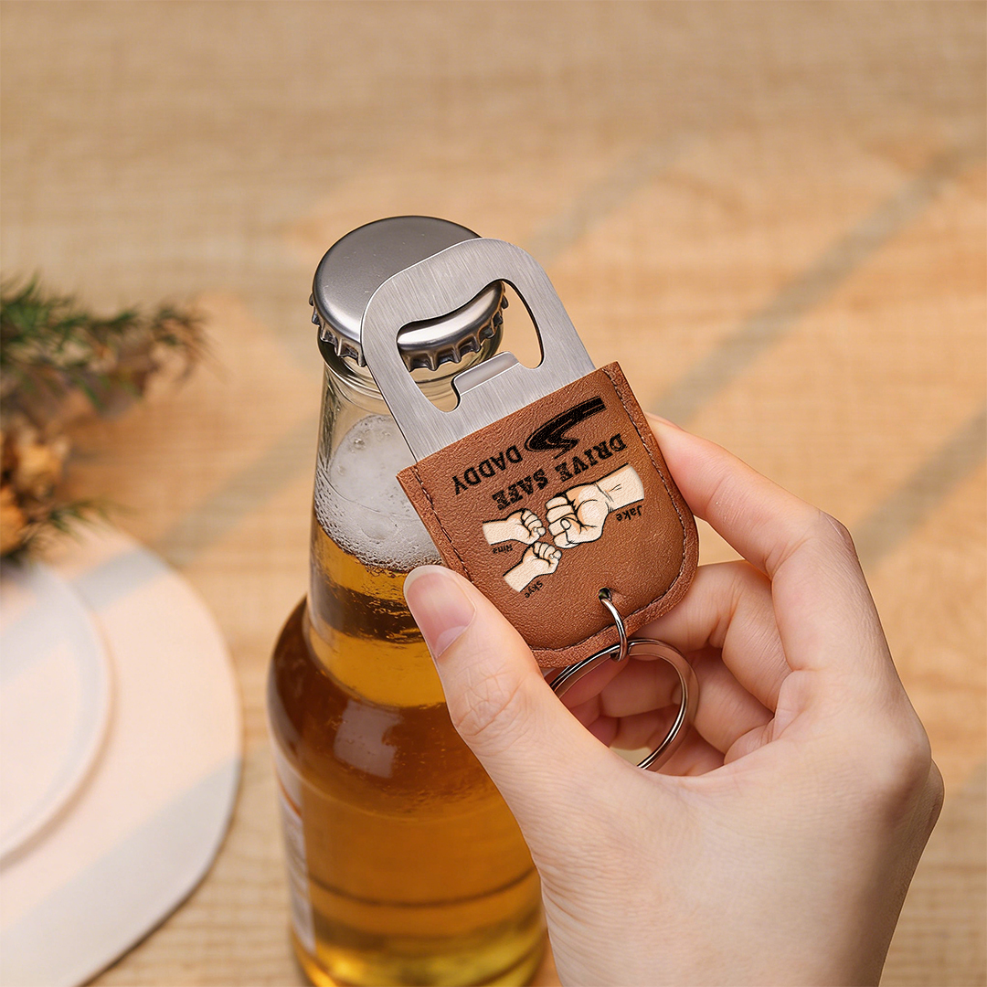 Personalized Leather Keychain With Bottle Opener For Dad Drive Safely