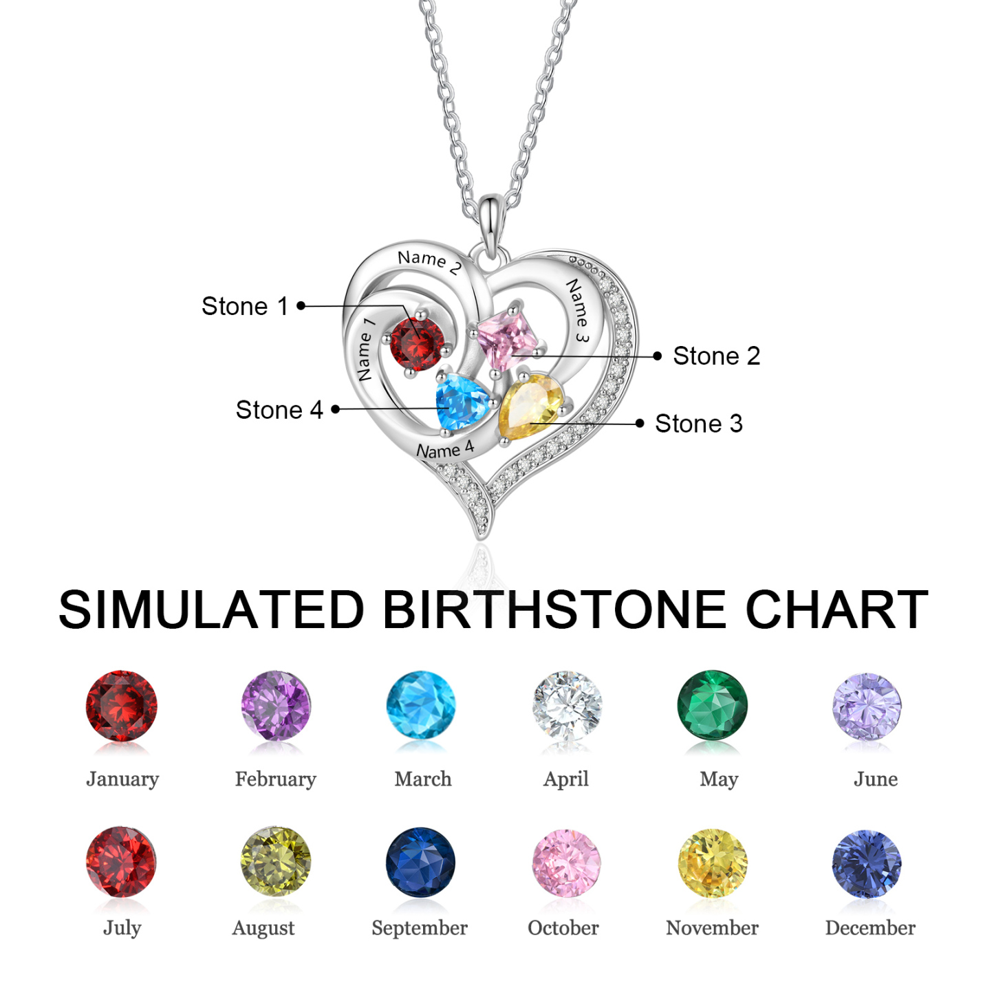 Personalized Double Heart Birthstone Necklace Customized with 1-5 Names