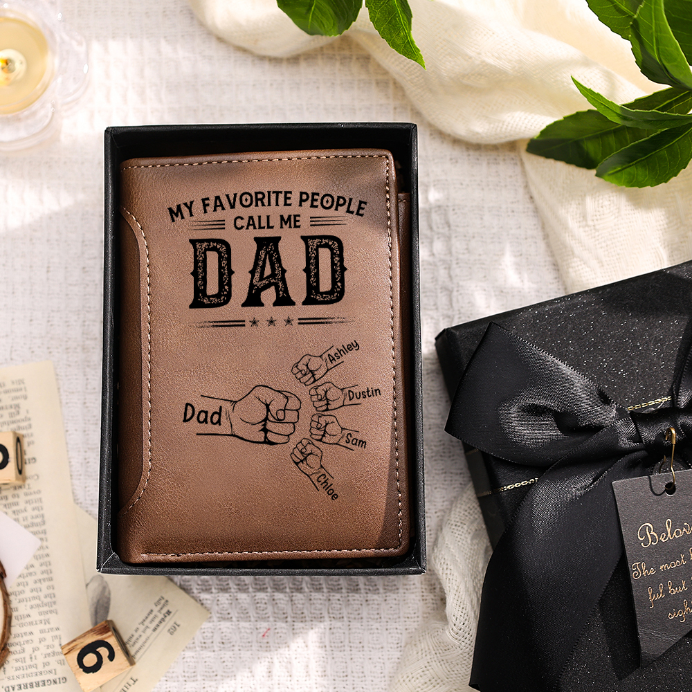 Personalized Leather Wallet for Dad Customized with 1-6 Kids’ Fists and Names